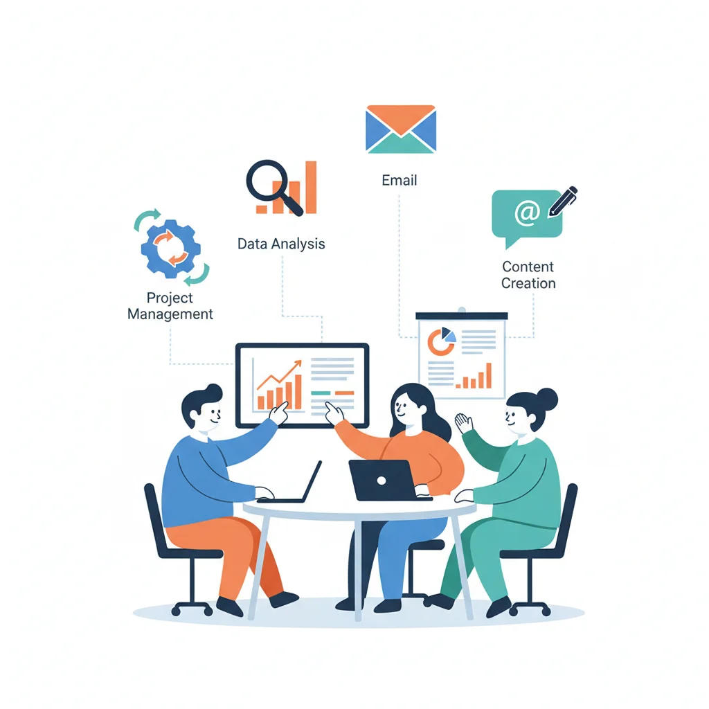 Equipo pequeño trabajando con asistentes de IA integrados