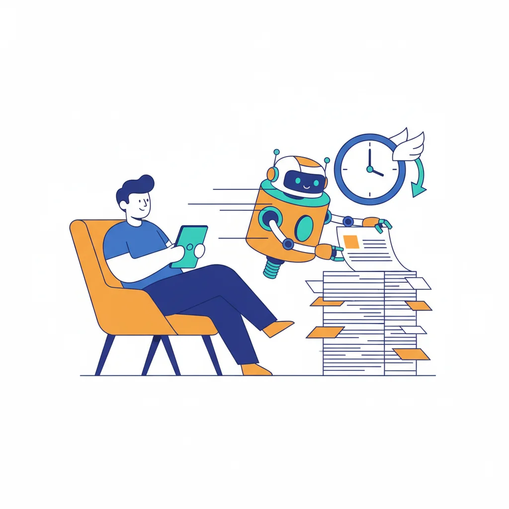 Robot gestionando papeleo mientras una persona descansa, recuperando tiempo valioso
