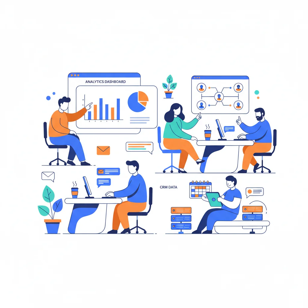 Oficina de agencia de marketing con IA coordinando campañas